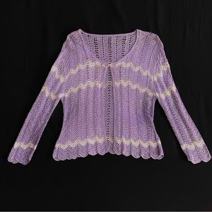 Purple cardigan with white stripes